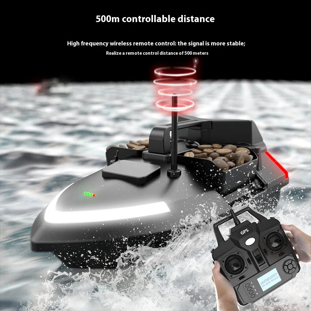 V020 GPS remote control fishing boat with LED lights shown on water
