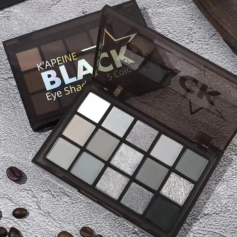 15-colour eye shadow palette showing matte and shimmer finishes in earthy tones