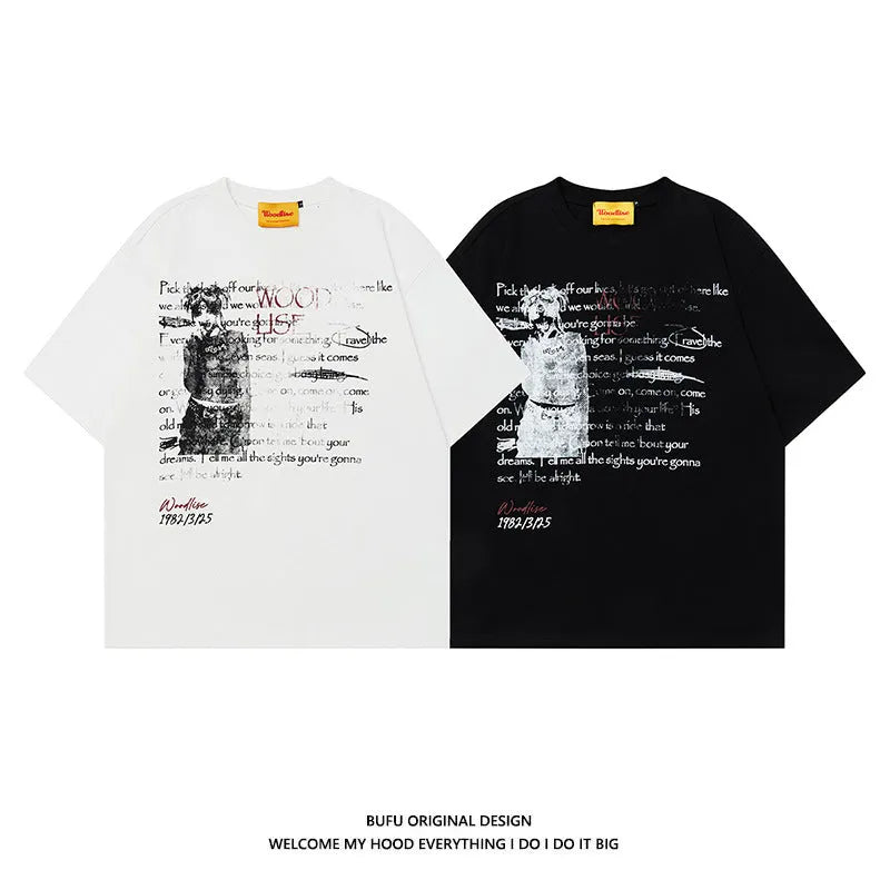 Men's black loose fit cotton t-shirt with white printed letter design and raglan sleeves