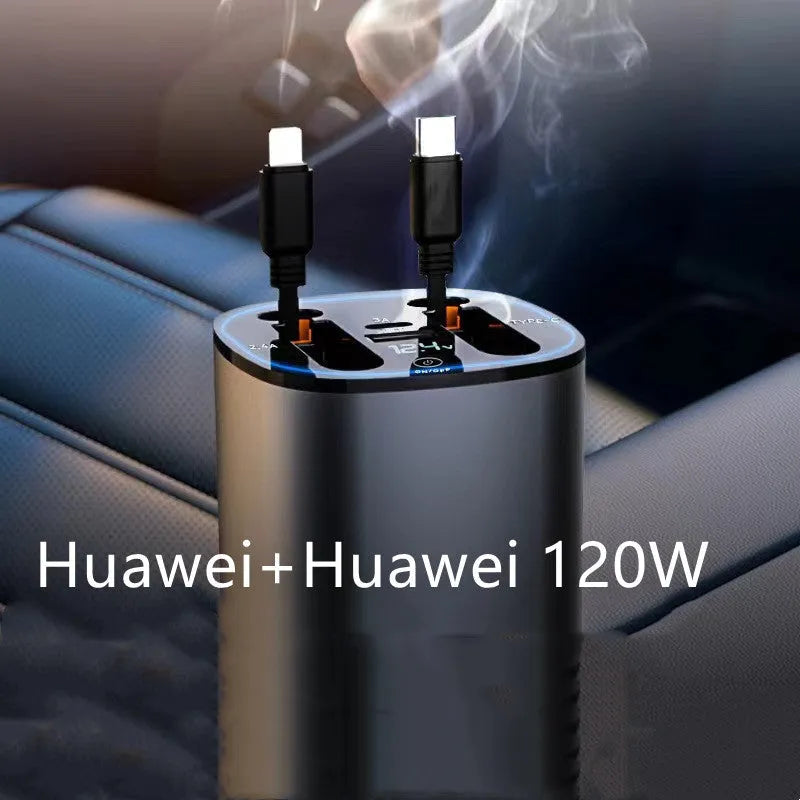 Retractable car charger with four USB ports, plugged into a vehicle cigarette lighter socket.