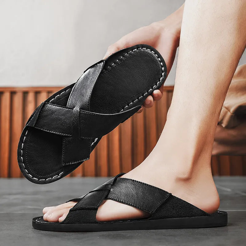 Men's black and brown genuine pigskin leather slip-on casual beach sandals with frosted finish.