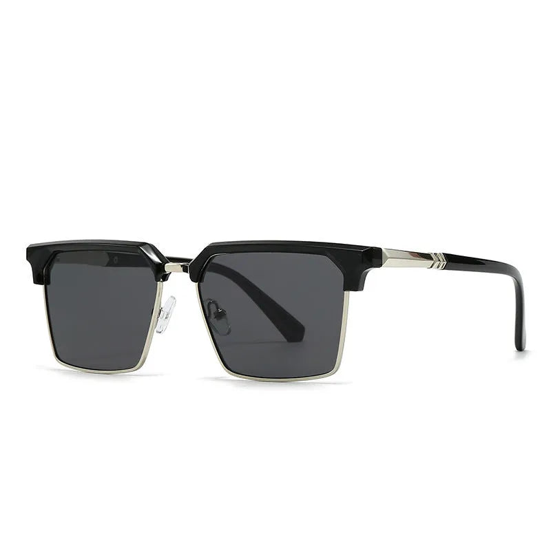Men's square sunglasses with box-style plastic frame showing six colour variant options