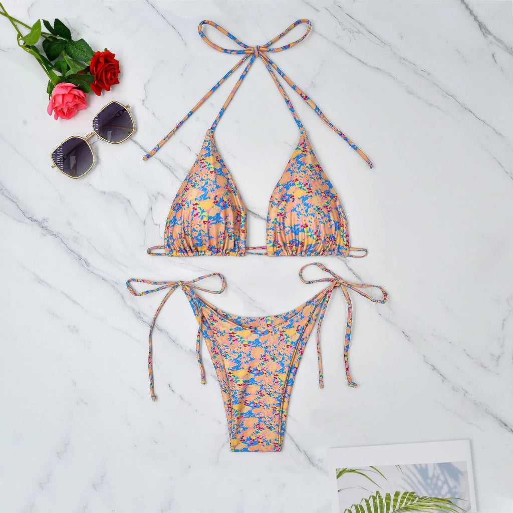 Lace-up bikini swimsuit with European American split design and backless briefs cut