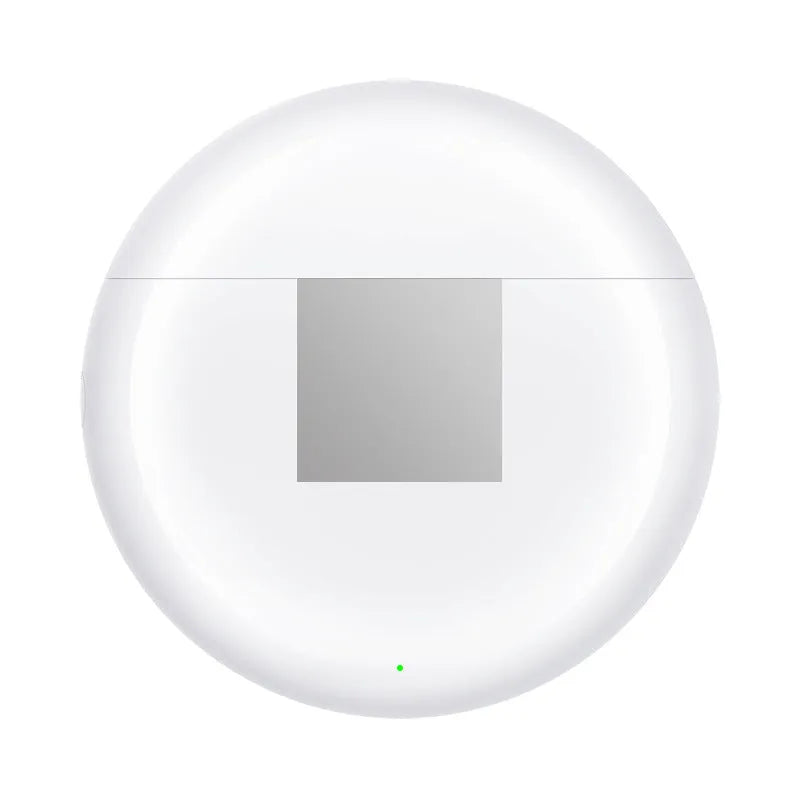 White Budz5 wireless Bluetooth semi-in-ear headphones with charging case on a white background