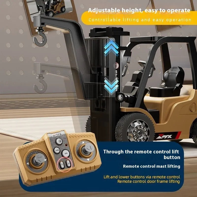 Miniature alloy remote control forklift toy with cargo hook and pallet at 1:64 scale