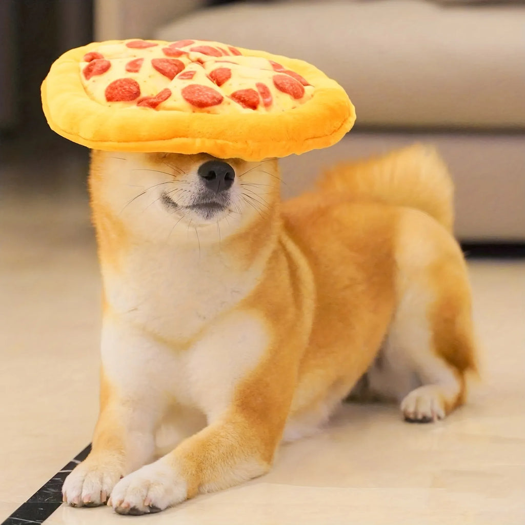 Yellow pizza slice teddy dog chewing toy with squeaker for medium-sized dogs