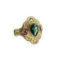 Gold-plated women's ring with geometric design and golden lvzuan colour on a white background.