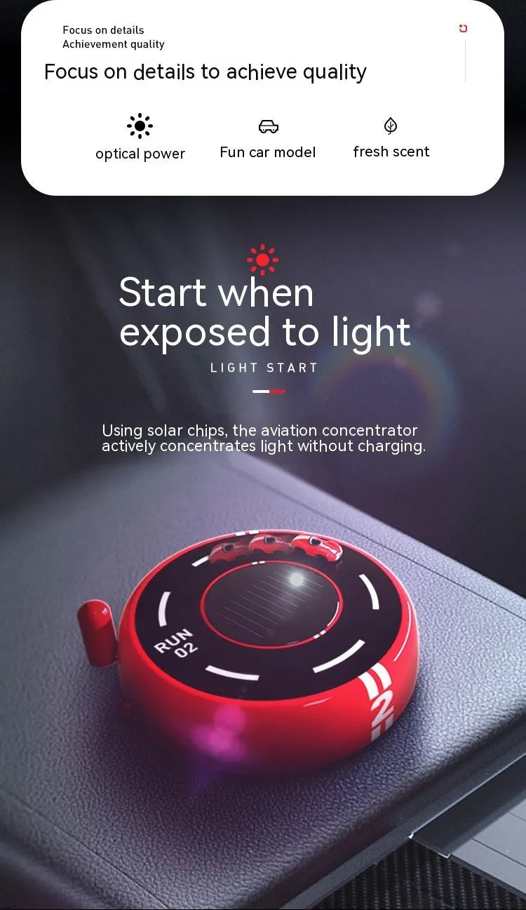 Round car-shaped solar-powered aroma diffuser ornament for vehicle interiors in black, red or white