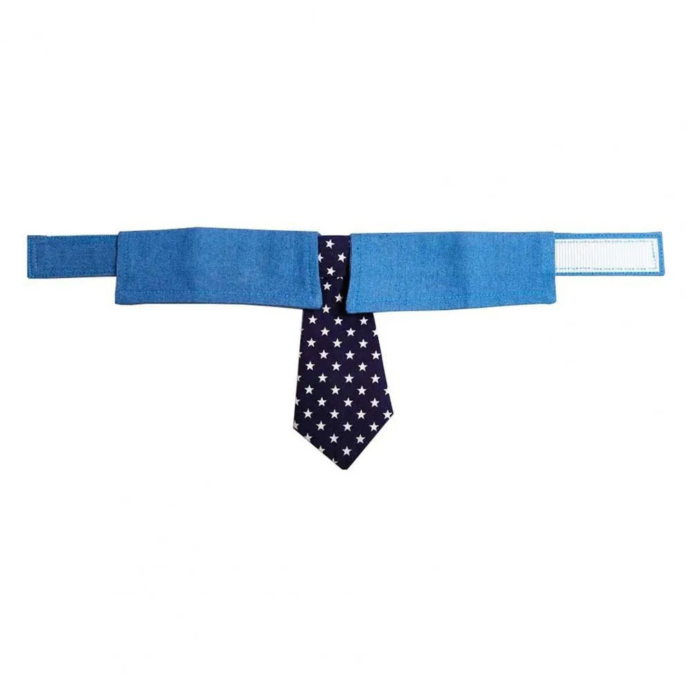 Denim pet collar with star pattern necktie attached, showing adjustable fastener tape and three size options