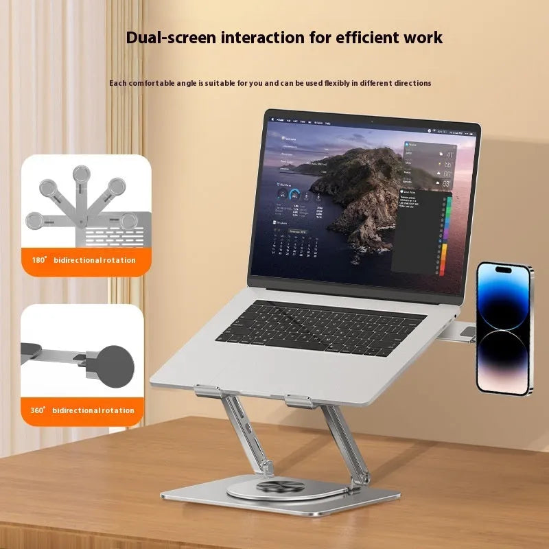 Silver carbon steel laptop stand with a rotatable magnetic phone holder attached to the side.