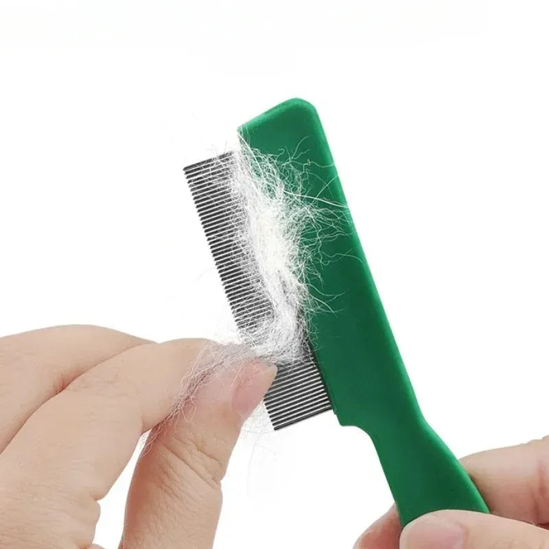 Green plastic handle flea comb with stainless steel pins for pet grooming