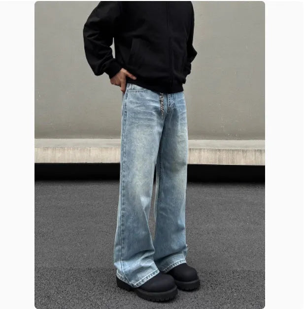 Men's blue straight leg jeans with a retro whisker wash, showing flared leg and visible stitching.