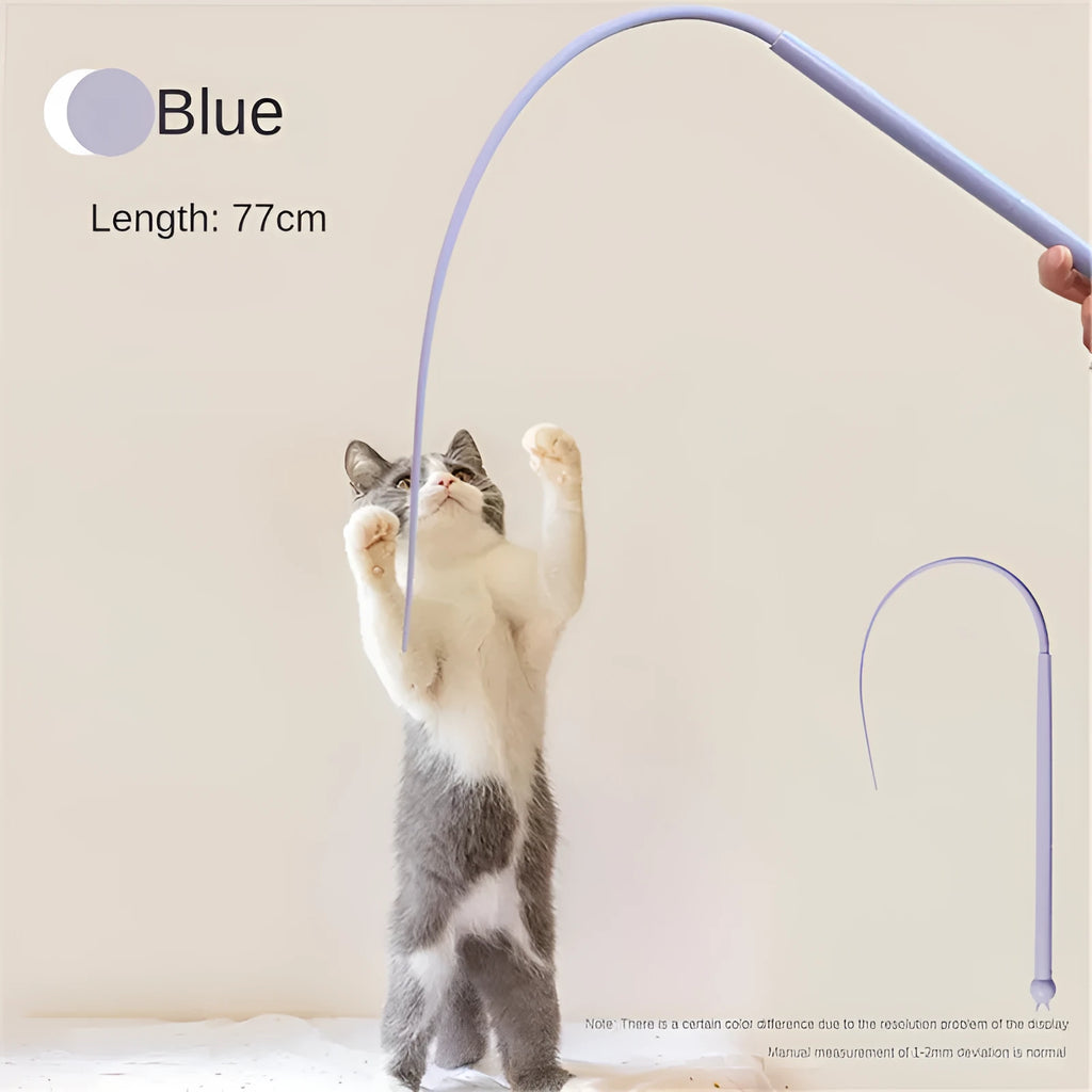 Blue simulated mouse tail cat toy with silicone tail and cat head design on teaser stick