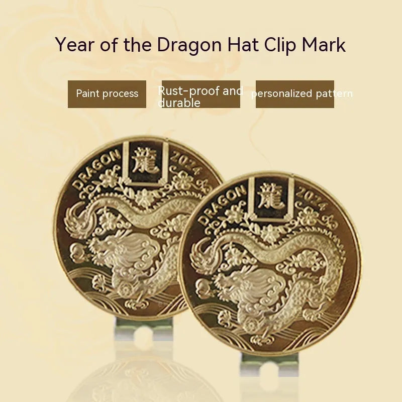Zinc alloy golf hat clip with engraved design options including Dragon Year and ace lick ball patterns.