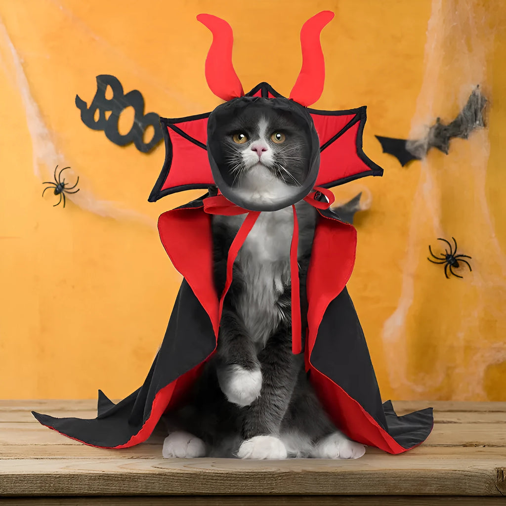 Black polyester pet vampire costume with cloak and pointed witch hat for Halloween