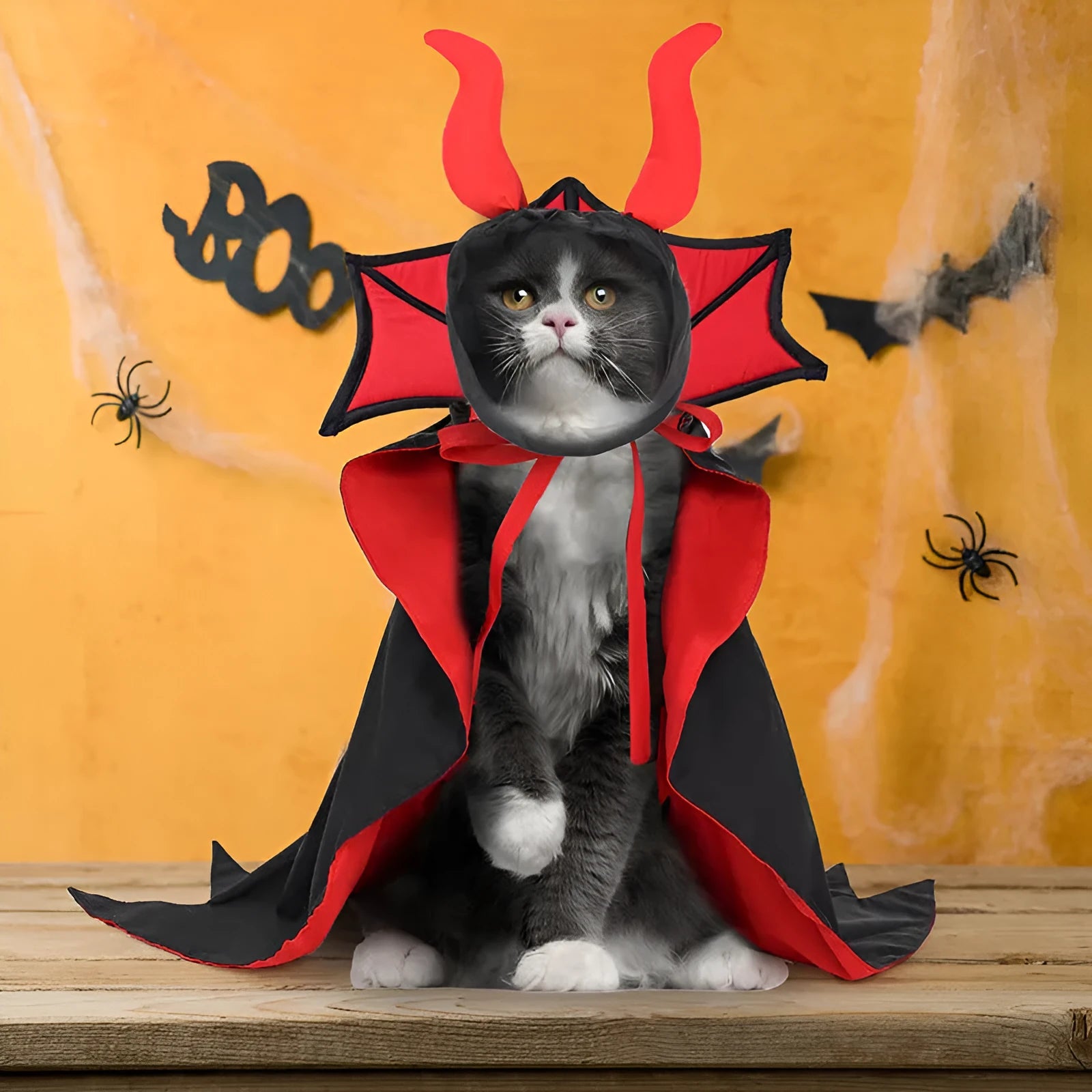 Black polyester pet vampire costume with cloak and pointed witch hat for Halloween