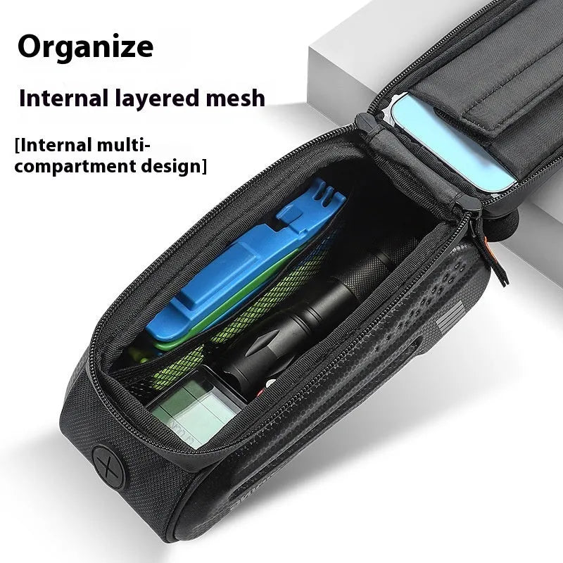 Bicycle Upper Tube Hard Shell Front Beam Bag Black 7 Inch EVA Polyester Storage Pann 1.5L Capacity Padded Bike Frame Bag for Accessories Quick Mount Cycling Organiser Padded Shell Protection