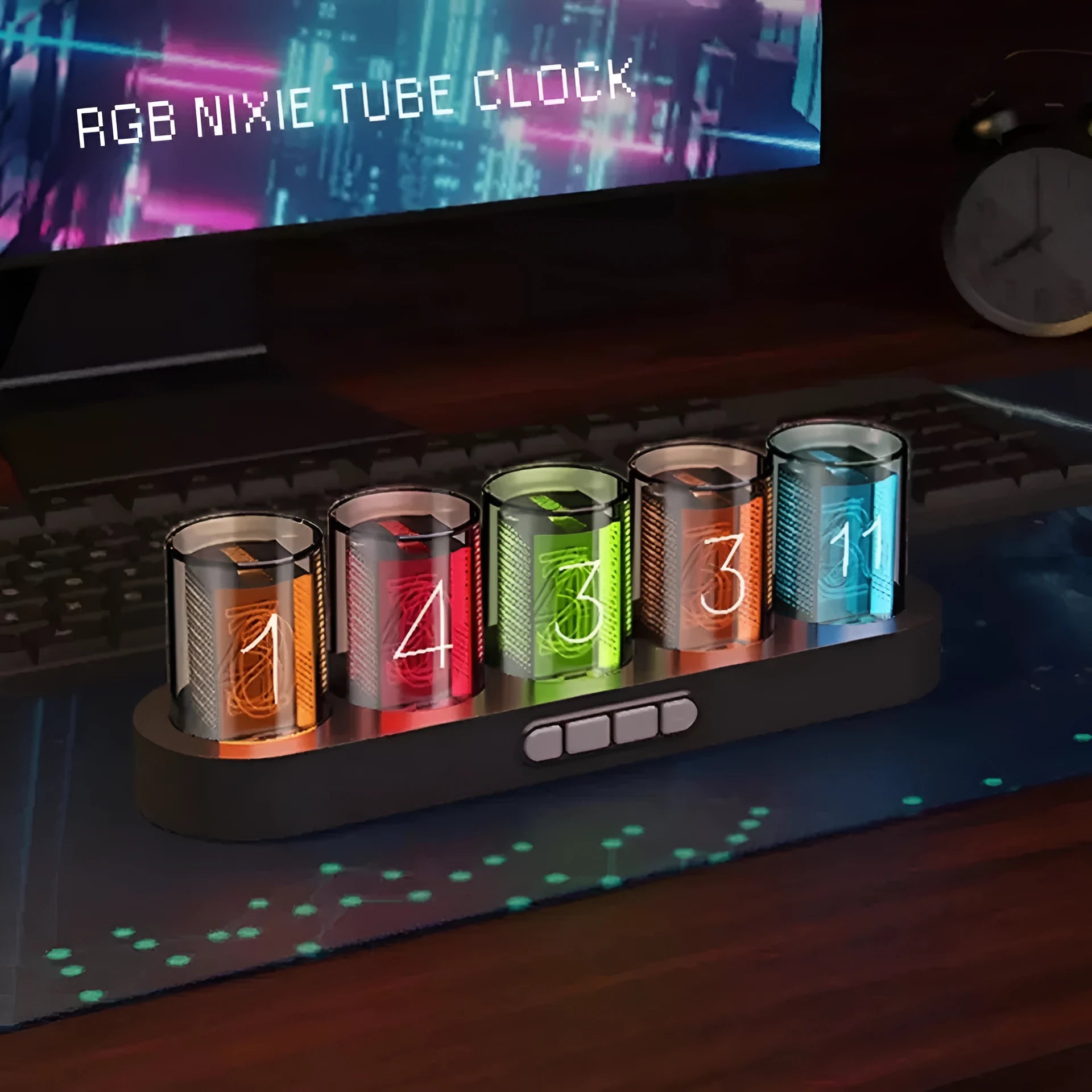 RGB Luminotron LED digital clock showing colourful display on desktop