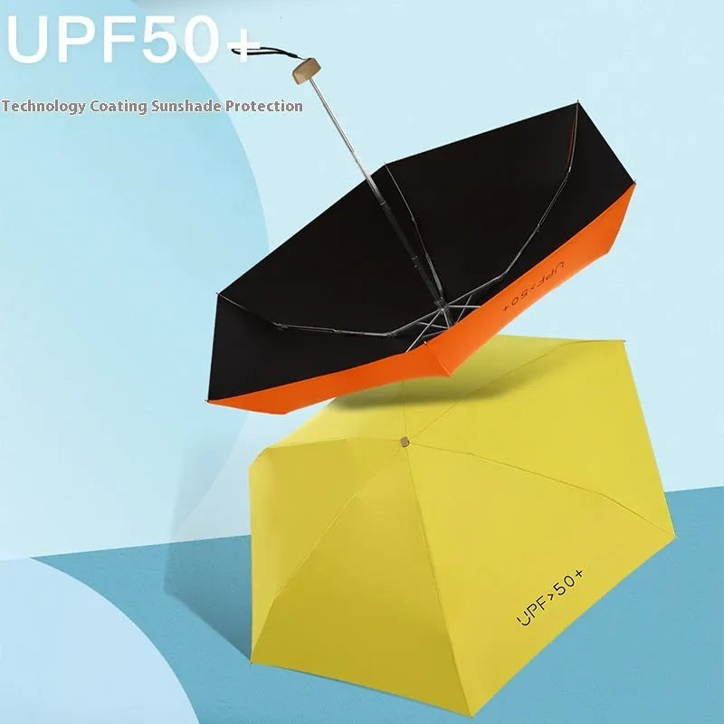 Closed five-fold compact pocket sun umbrella with a rubber handle, shown in a selection of available colours.