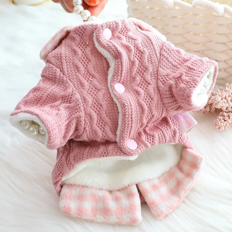 Blue wool plaid dog sweater with fake two-piece design fleece-lined for warmth