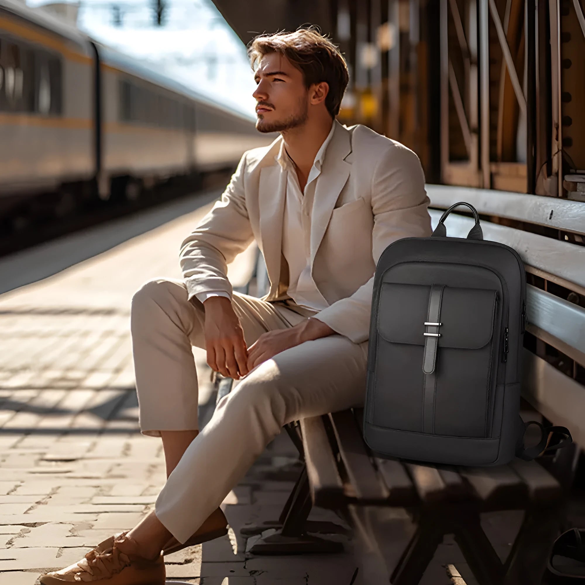 Solid black Oxford cloth backpack with wear-resistant sewing for business commuting