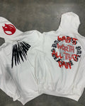Black loose hooded cardigan sweatshirt with white printed skull letter pattern and rhinestone details.