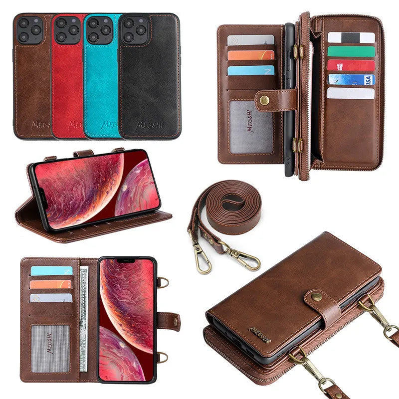Black detachable wallet magnetic phone case for Samsung Galaxy Note and iPhone on a table.