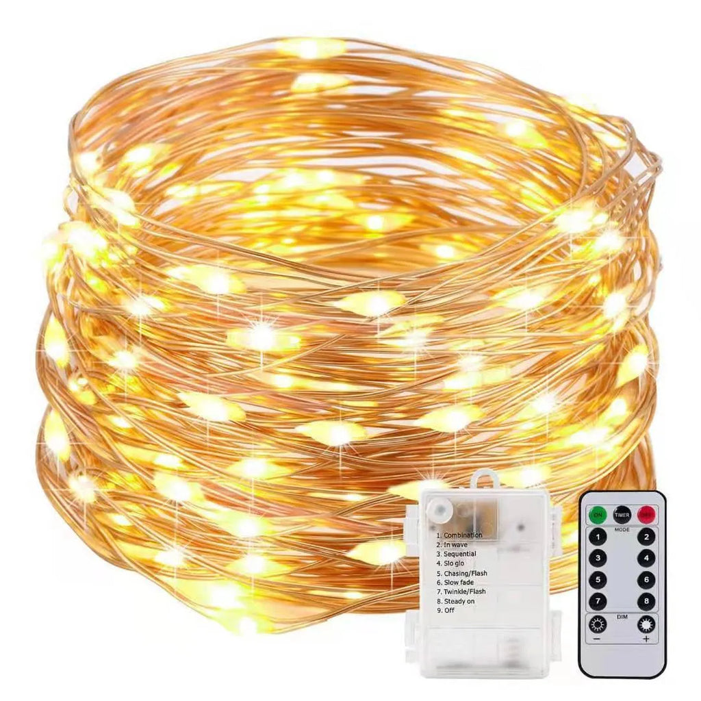 12-metre copper wire LED string lights with battery box showing nine colour options