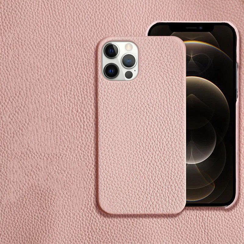 Genuine leather protective iPhone case in a simple style with half line breaks, shown in one of nine available colours.