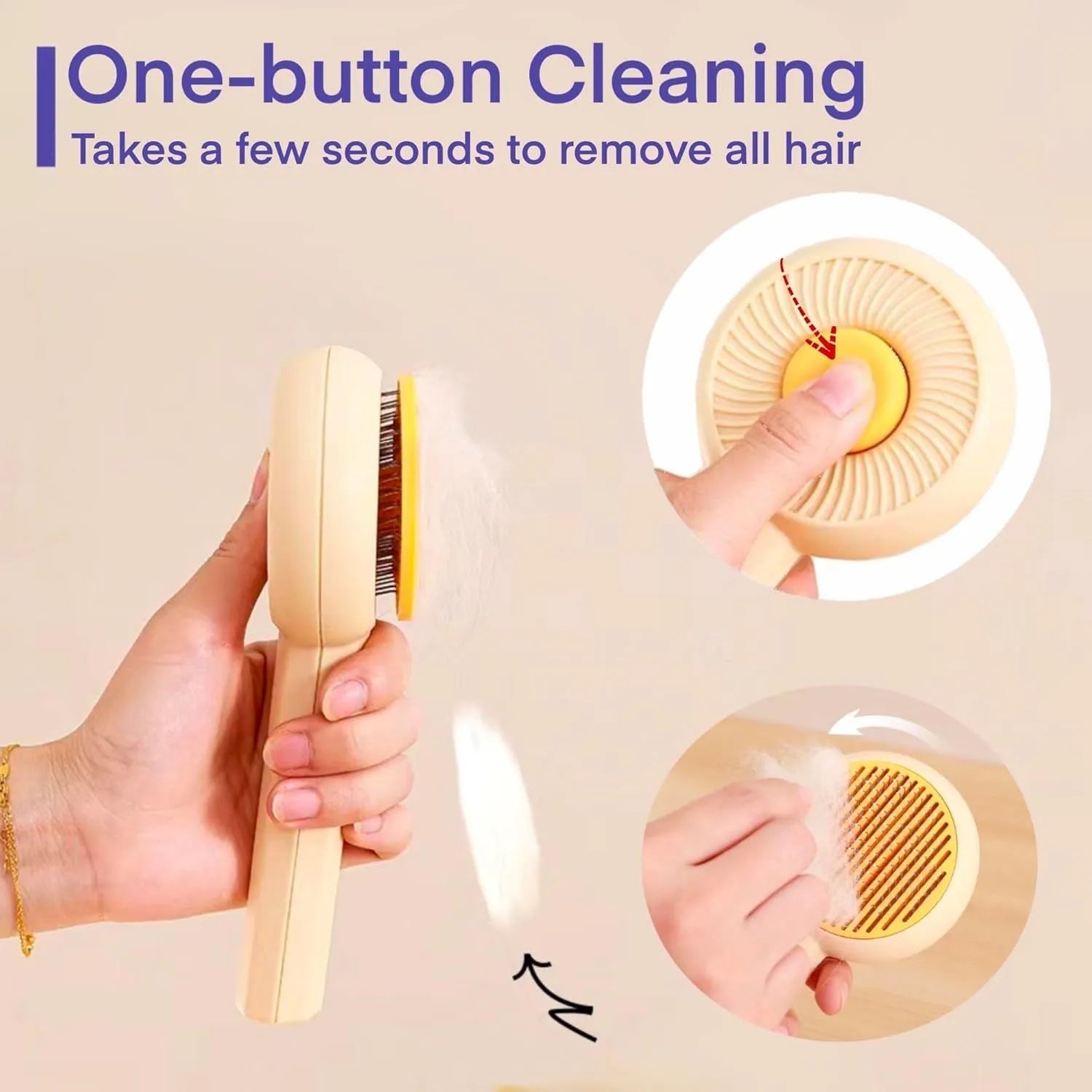 Blue self-cleaning pet grooming brush with angled stainless steel bristles and massage tips
