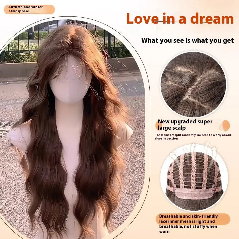 Women's long curly full-head wig with side fringe in high-temperature fibre