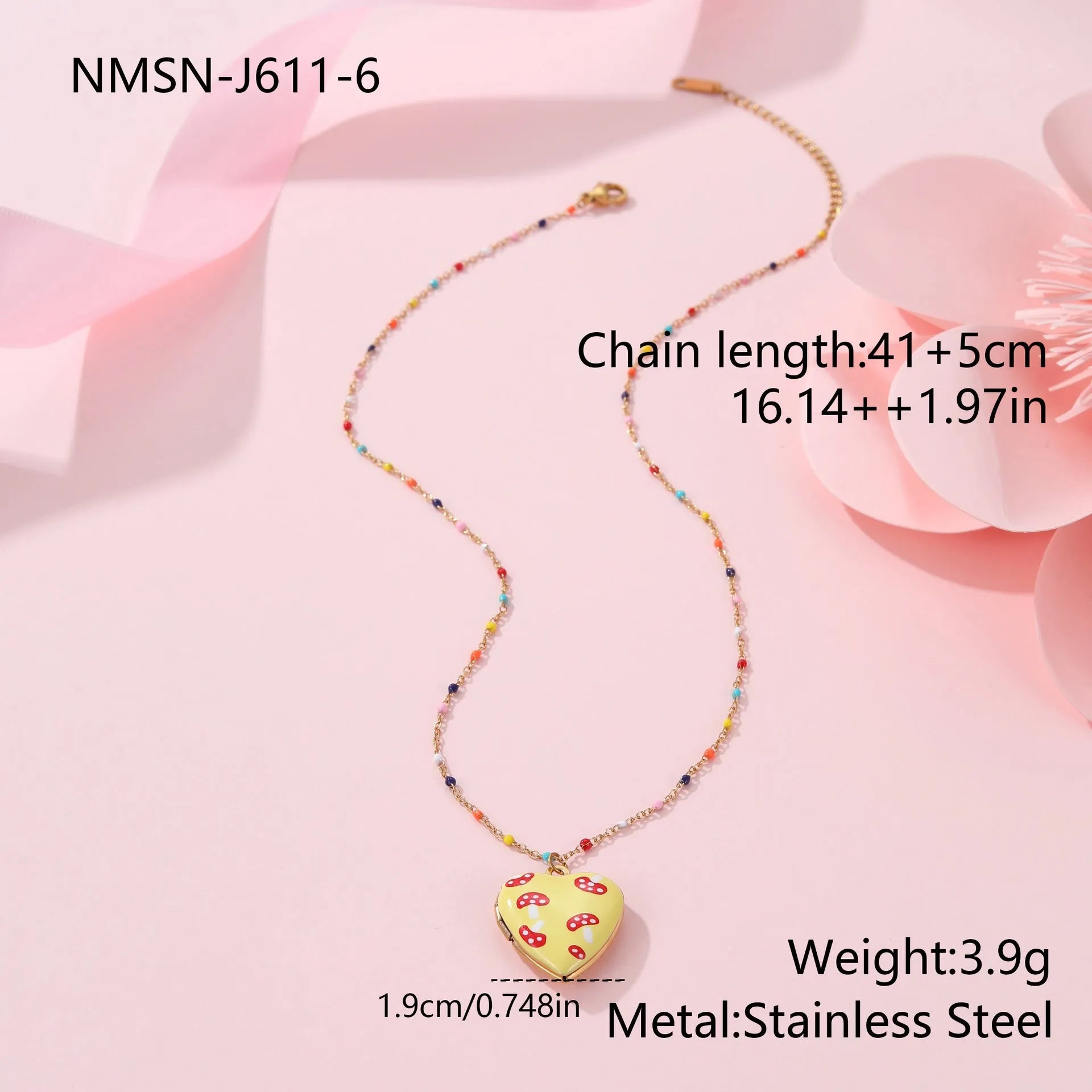 Gold plated fruit charm necklace with heart-shaped pendant on adjustable stainless steel chain