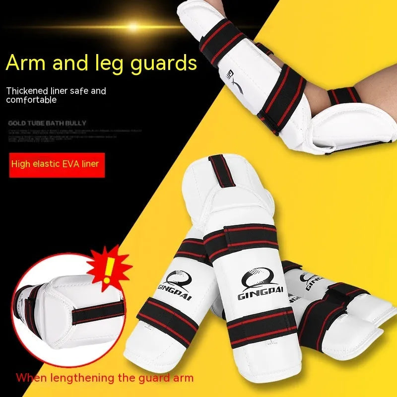 Taekwondo protective gear set showing arm guards and leg protectors in PU EVA foam construction