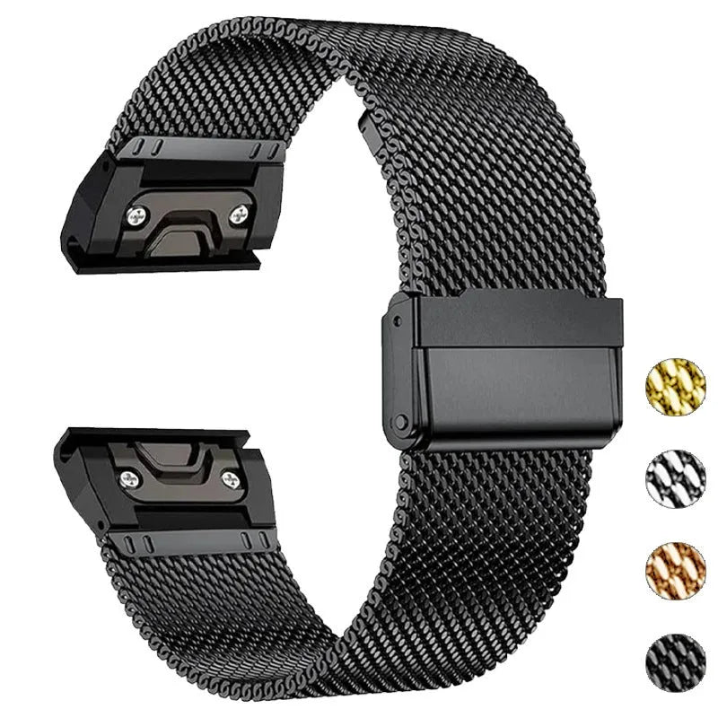 Stainless steel metal link bracelet strap for Garmin Fenix 7 and 6 series smartwatches in silver finish.