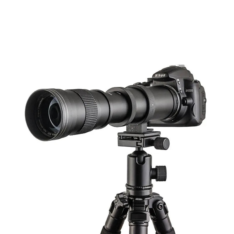 420-800mm manual zoom camera lens with T-mount adapter ring shown extended to approximately 36cm length