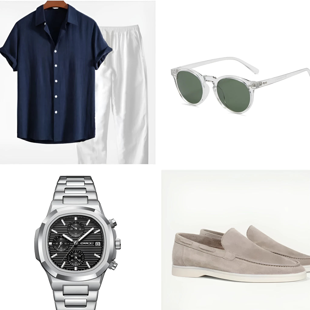 Casual cotton linen summer suit in navy blue with short sleeves and matching shorts, includes glasses shoes watch