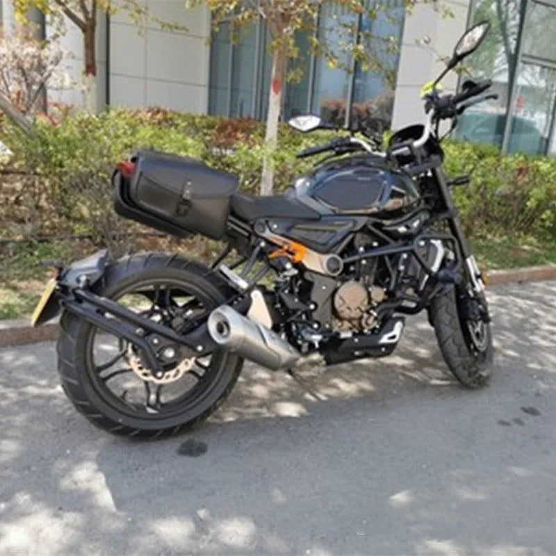 Black PU leather motorcycle swingarm saddlebag mounted on Harley-Davidson Sportster