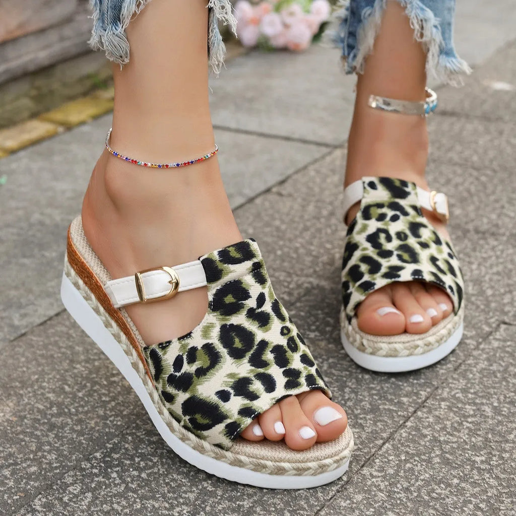 Leopard print wedge platform sandals with adjustable buckle strap in light green colour