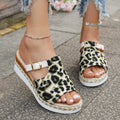 Leopard print wedge platform sandals with adjustable buckle strap in light green colour