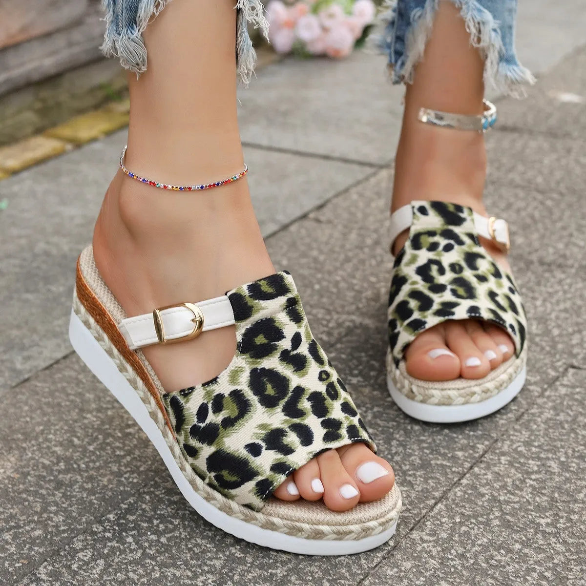 Leopard print wedge platform sandals with adjustable buckle strap in light green colour