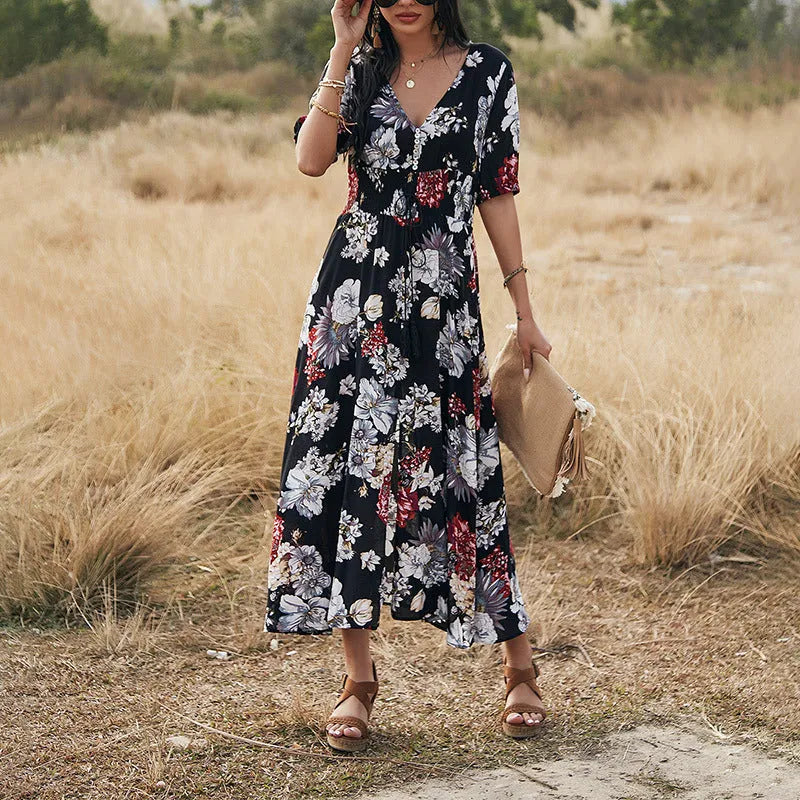 Floral print women's beach dress with V-neck and elastic waist in yellow colour