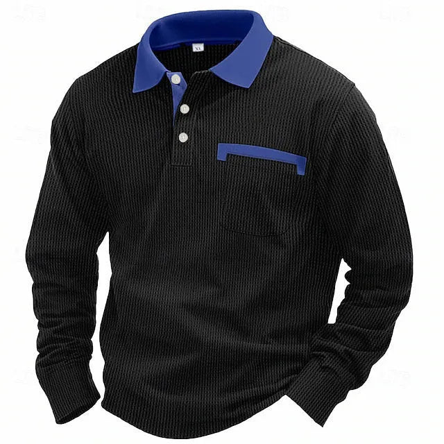 Man wearing a long-sleeved waffle-texture polo shirt in a solid colour with an asymmetric design detail.