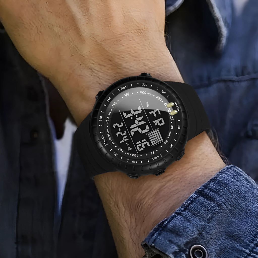 Men's black waterproof digital watch showing large 54.74mm dial and adjustable PU strap