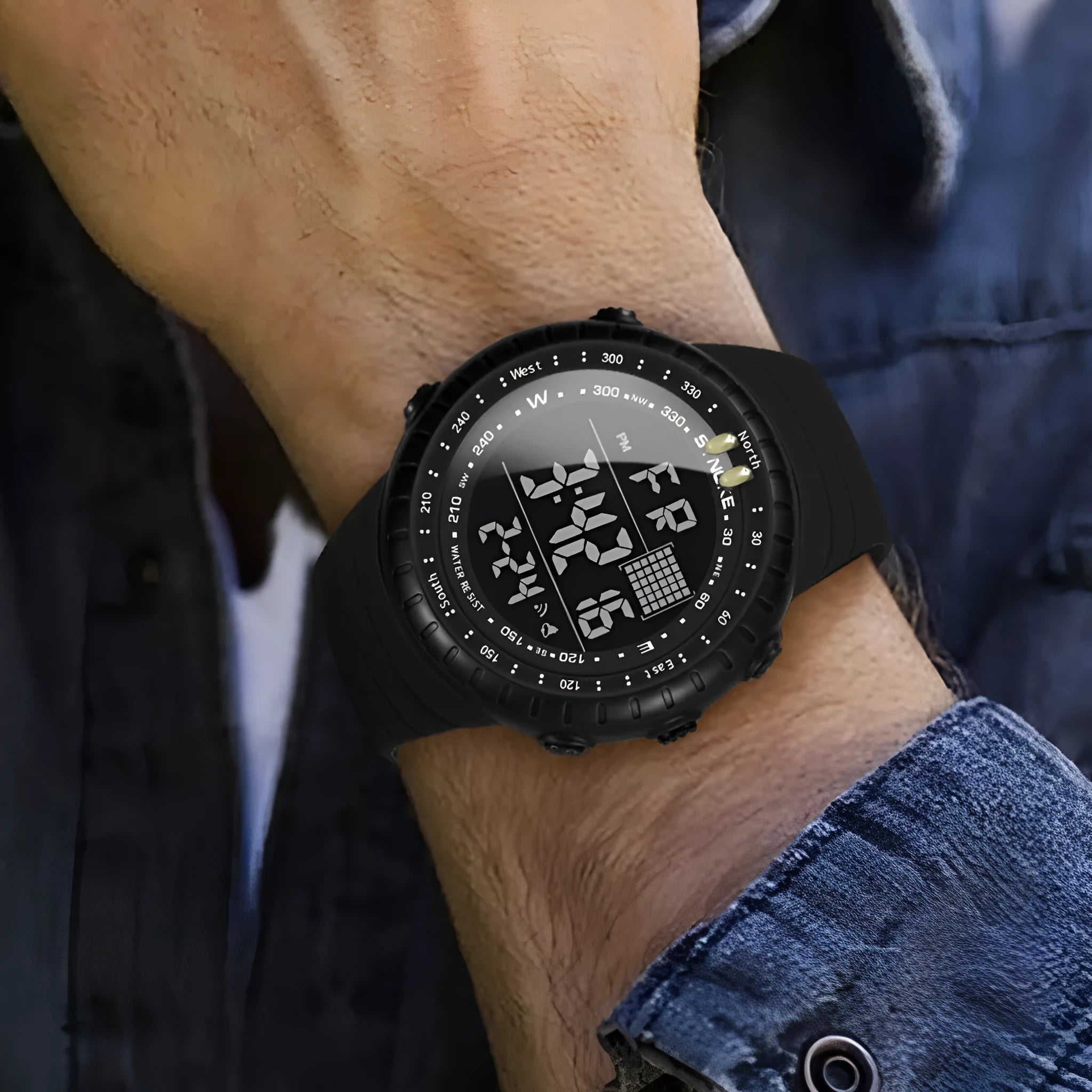 Men's black waterproof digital watch showing large 54.74mm dial and adjustable PU strap
