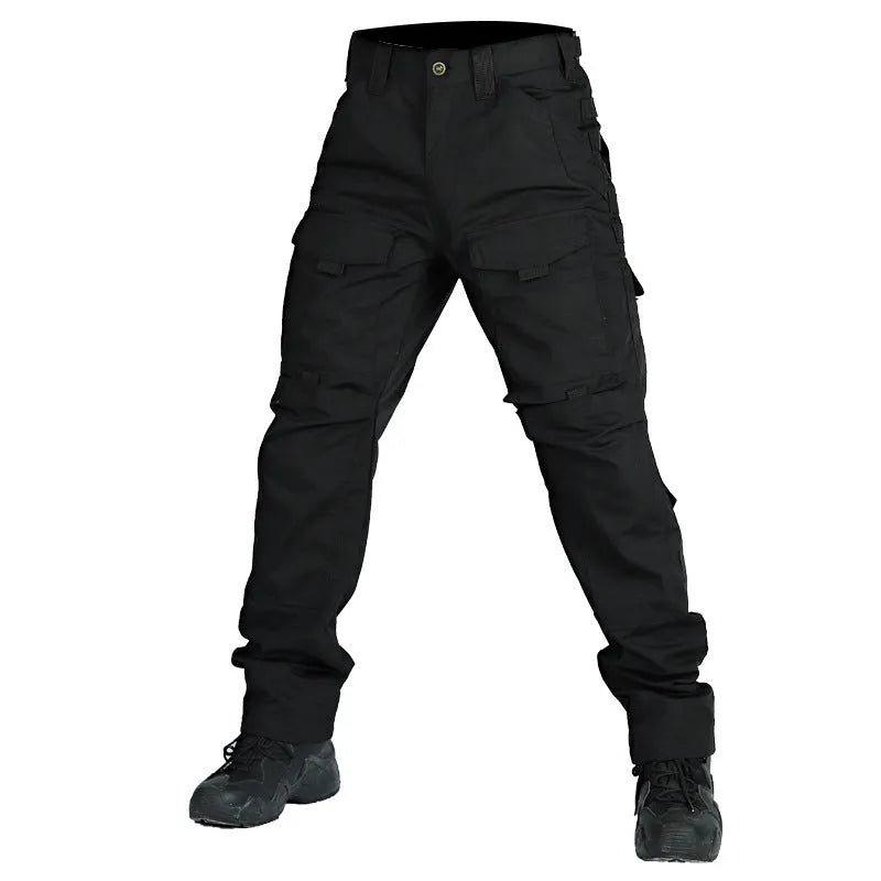 Camouflage multi-pocket training trousers for men in khaki colour, front view