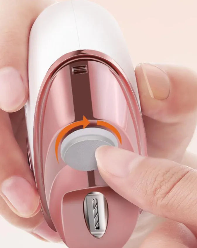 Electric nail clipper and polish tool in blue, orange, and white colour options