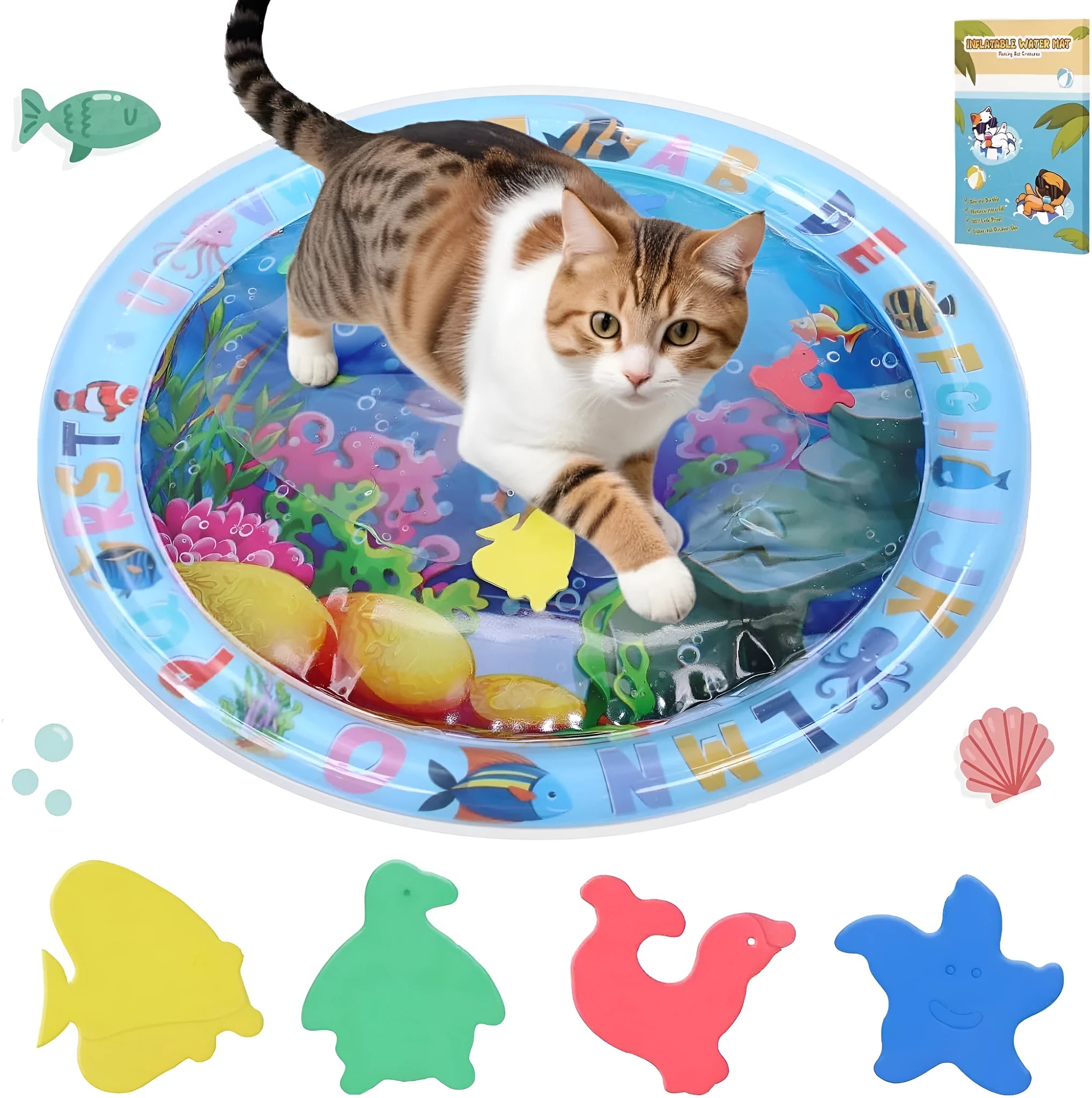 Large blue square water play mat for cats with floating fish toys inside, on a floor.