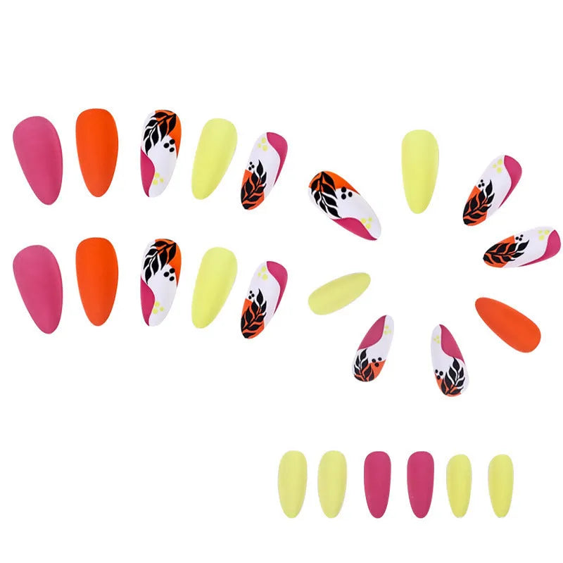Wear Armour medium almond armour frosted nail stickers showing four patterns: French colourful leaves, colourful plating, star flash macaron, gradient leopard print
