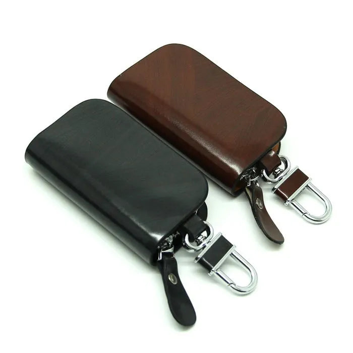 Genuine leather car key case with zipper in black and brown frosted finish