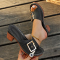 Women's black and light blue chunky heel slippers with metal buckle detail in retro style